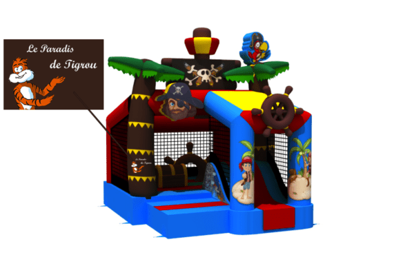 "Château Gonflable Pirate, idéal 8-10 enfants. Toboggan, modules de jeu, livraison 15km incluse. Réservez pour une aventure mémorable!"