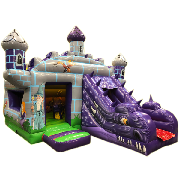 location du château gonflable dragon composé d'une partie de sauts avec un serpent. Un toboggan sortant au design d'un dragon compose le château gonflable.